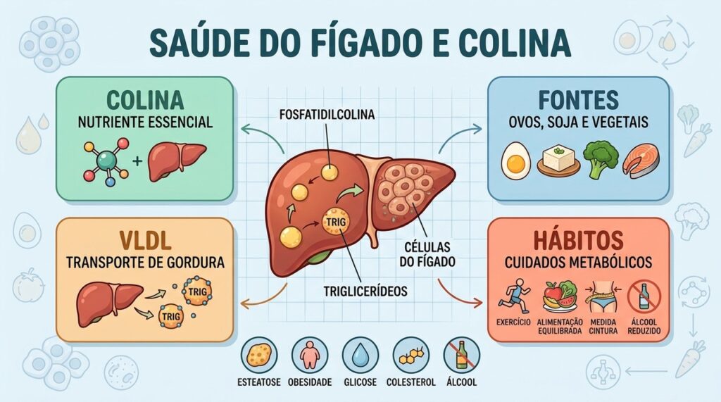 Colina, VLDL, alimentação e metabolismo formam pilares importantes para a saúde hepática.