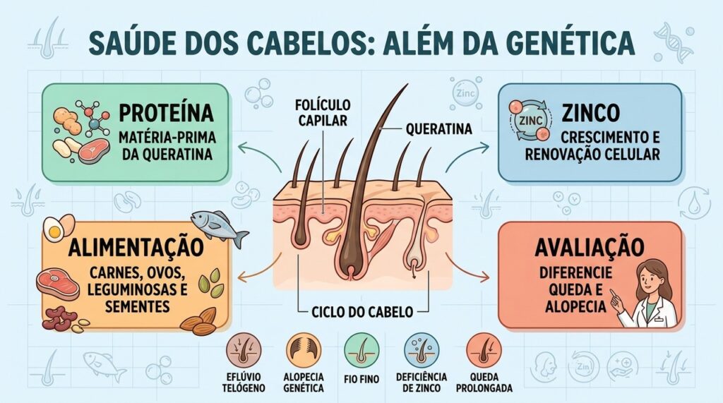 Proteínas, zinco e avaliação dermatológica ajudam a diferenciar causas da queda capilar.