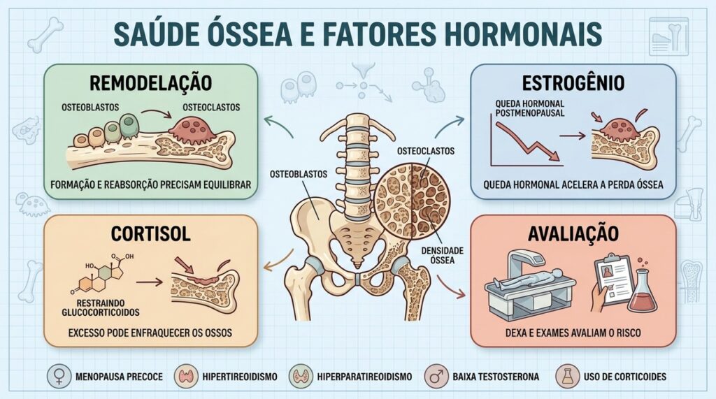 Remodelação óssea, estrogênio, cortisol e densitometria explicam a perda de massa óssea.