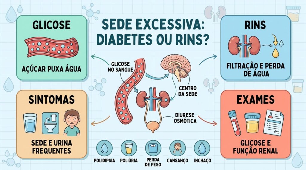 Sede, urina frequente e inchaço ajudam a identificar quando investigar diabetes ou função renal.