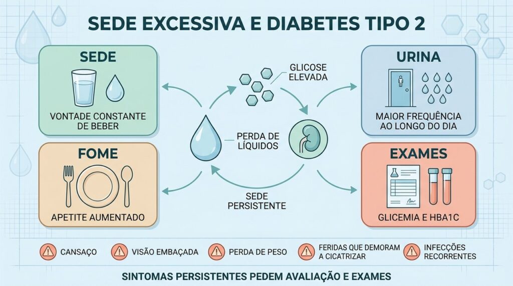 Sede, urina frequente, fome aumentada e exames ajudam a identificar o diabetes tipo 2.