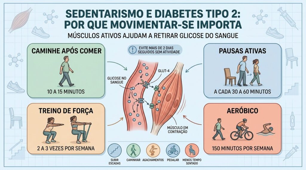 Caminhadas, pausas ativas, força e exercício aeróbico melhoram o uso da glicose.