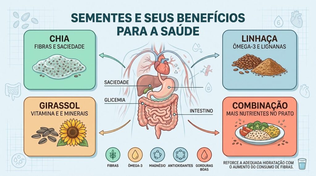 Chia, linhaça e girassol concentram fibras, ômega-3 vegetal, minerais e antioxidantes.