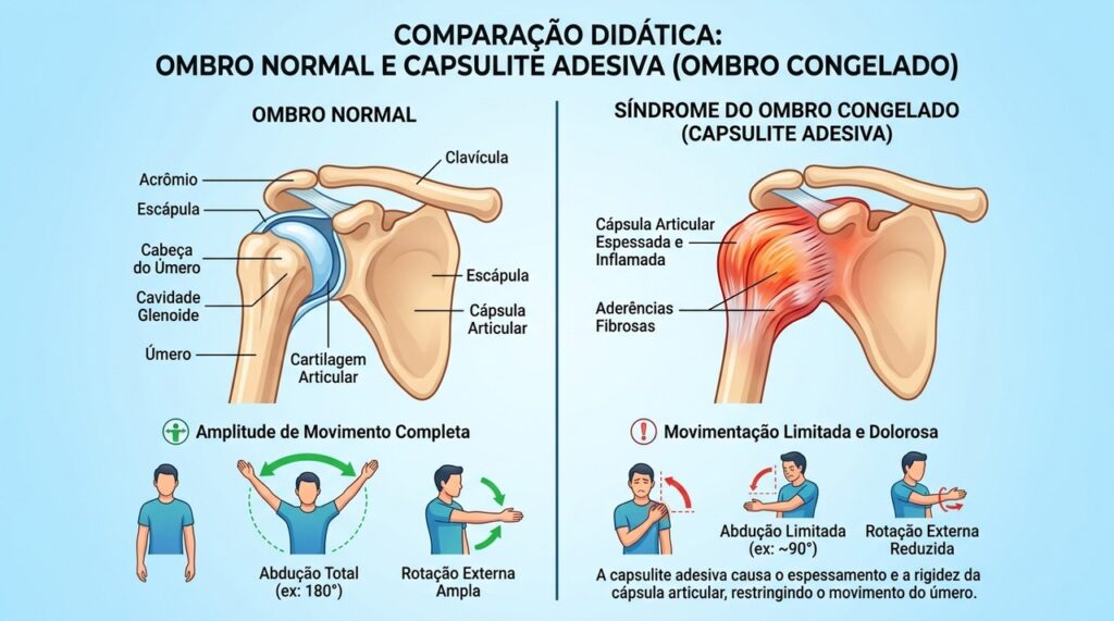 Na capsulite adesiva, a cápsula do ombro fica espessada e rígida, reduzindo progressivamente a amplitude dos movimentos.