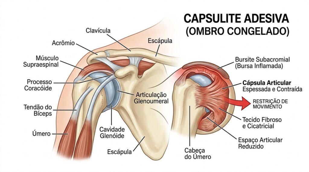 No ombro congelado, a cápsula articular fica mais rígida e limita progressivamente os movimentos.