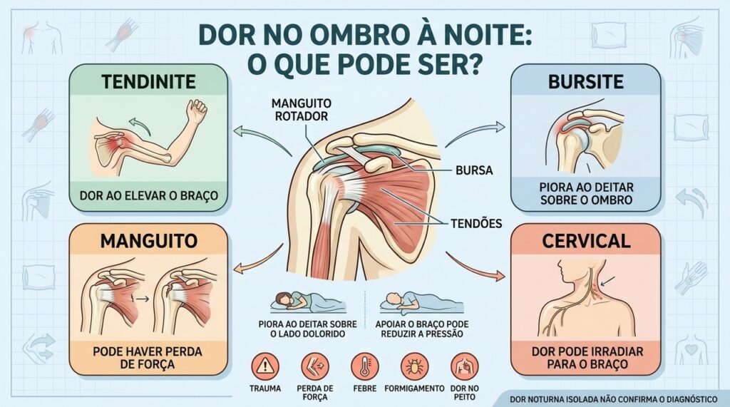 Tendinite, bursite, manguito rotador e coluna cervical podem causar dor noturna.