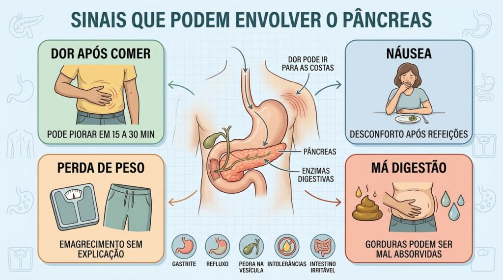 Dor, náusea, perda de peso e má digestão merecem avaliação quando persistentes.