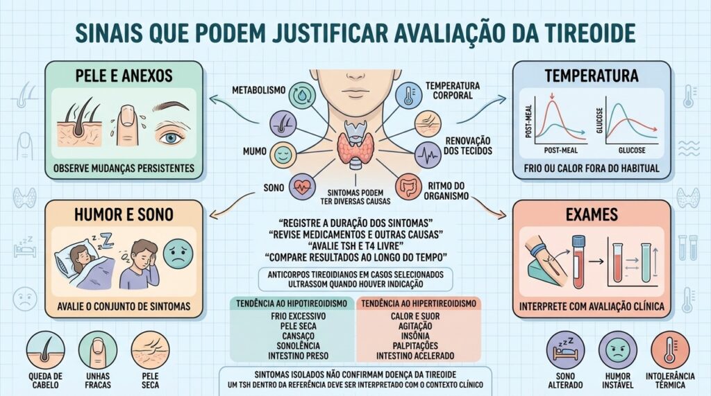 Pele, temperatura, humor e exames orientam uma investigação tireoidiana responsável.