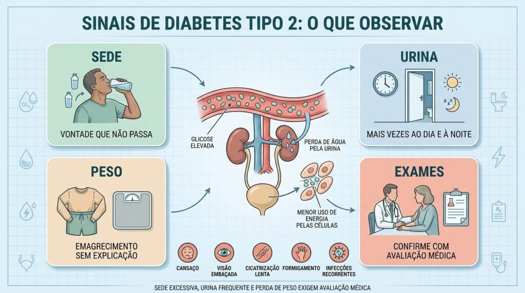 Sede, urina frequente, perda de peso e exames ajudam a identificar diabetes.