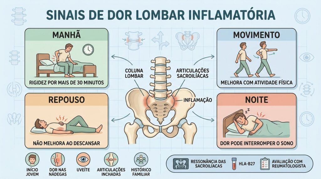 Rigidez matinal, melhora com movimento e dor noturna sugerem padrão lombar inflamatório.