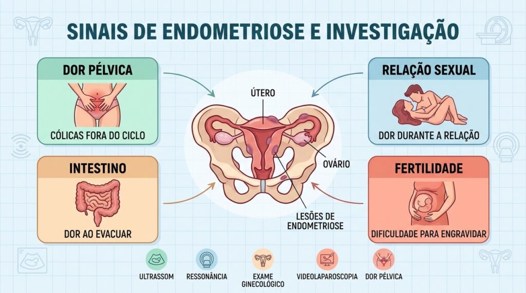 Dor pélvica, sintomas intestinais e fertilidade orientam a investigação da endometriose.
