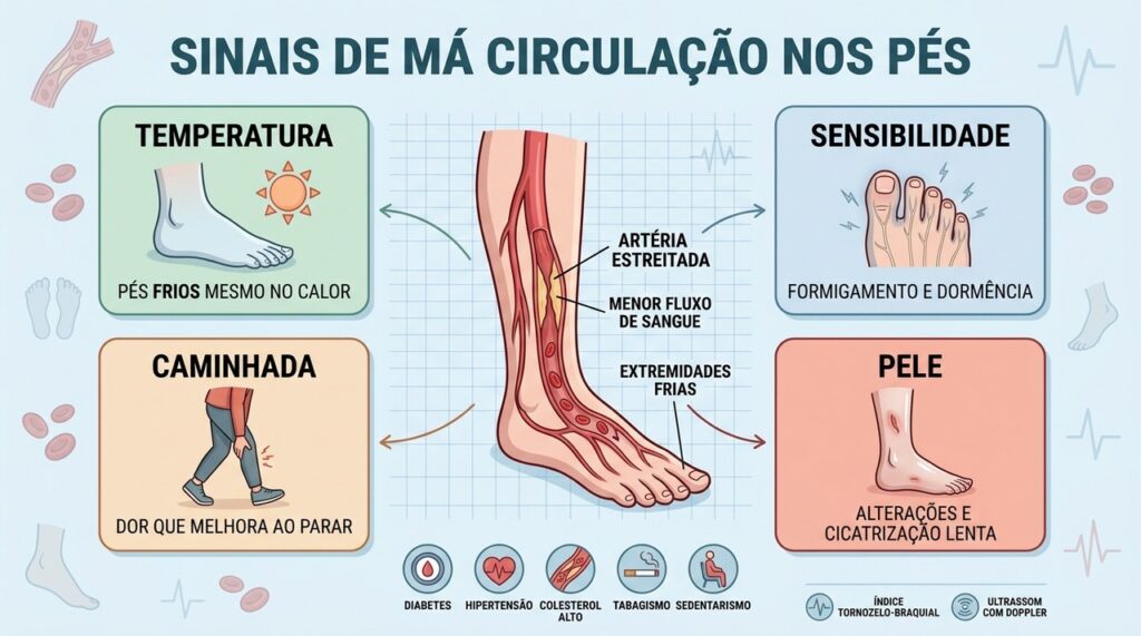 Pés frios, dormência, dor e feridas podem sinalizar circulação arterial comprometida.