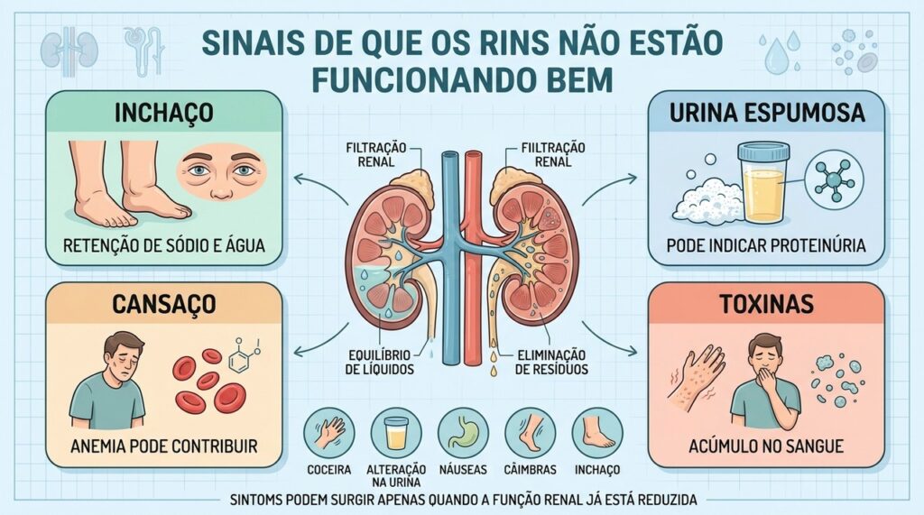 Inchaço, urina espumosa, cansaço e toxinas podem sinalizar redução da função renal.