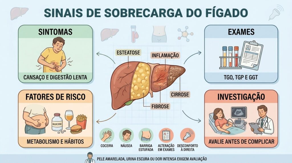 Sintomas, exames e fatores de risco ajudam a identificar alterações hepáticas antes das complicações.