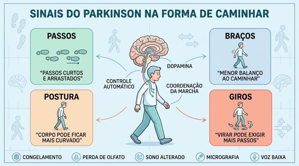 Passos, braços, postura e giros ajudam a reconhecer alterações da marcha no Parkinson.