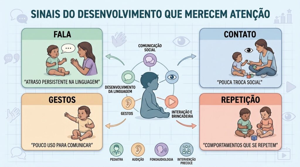 Fala, contato social, gestos e brincadeiras ajudam a orientar a avaliação do desenvolvimento.
