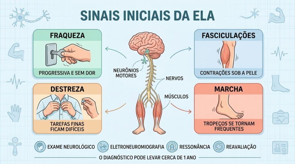 Fraqueza, fasciculações, perda de destreza e tropeços orientam a investigação da ELA.