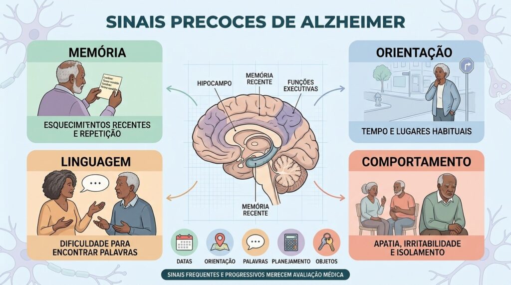 Memória, orientação, linguagem e comportamento podem apresentar alterações antes do diagnóstico.