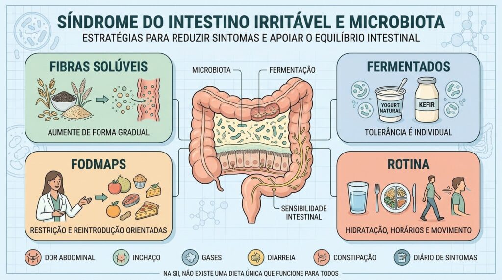 Fibras, fermentados, FODMAPs e rotina devem ser ajustados à tolerância individual.