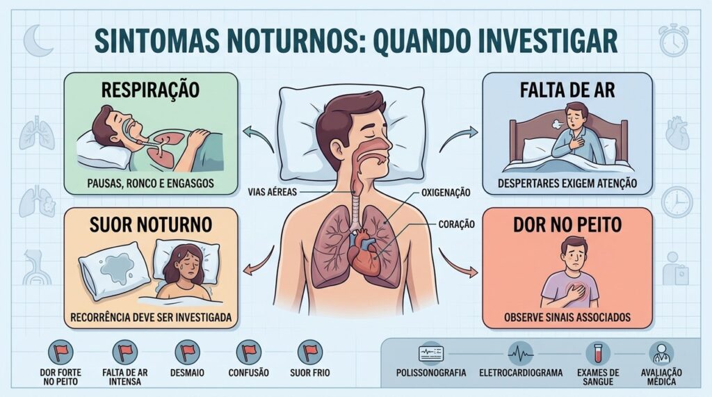 Respiração alterada, suor persistente, falta de ar e dor torácica orientam investigação médica.