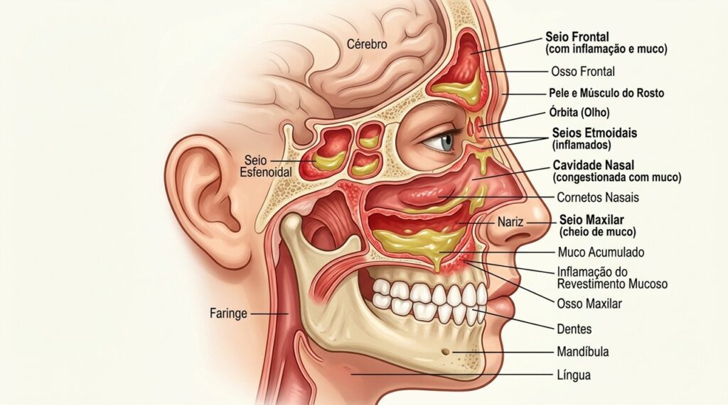 Na sinusite, a inflamação e o acúmulo de muco nos seios da face podem causar congestão e pressão facial.