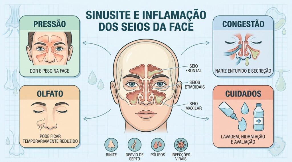 Pressão, congestão, olfato reduzido e drenagem comprometida ajudam a entender a sinusite.