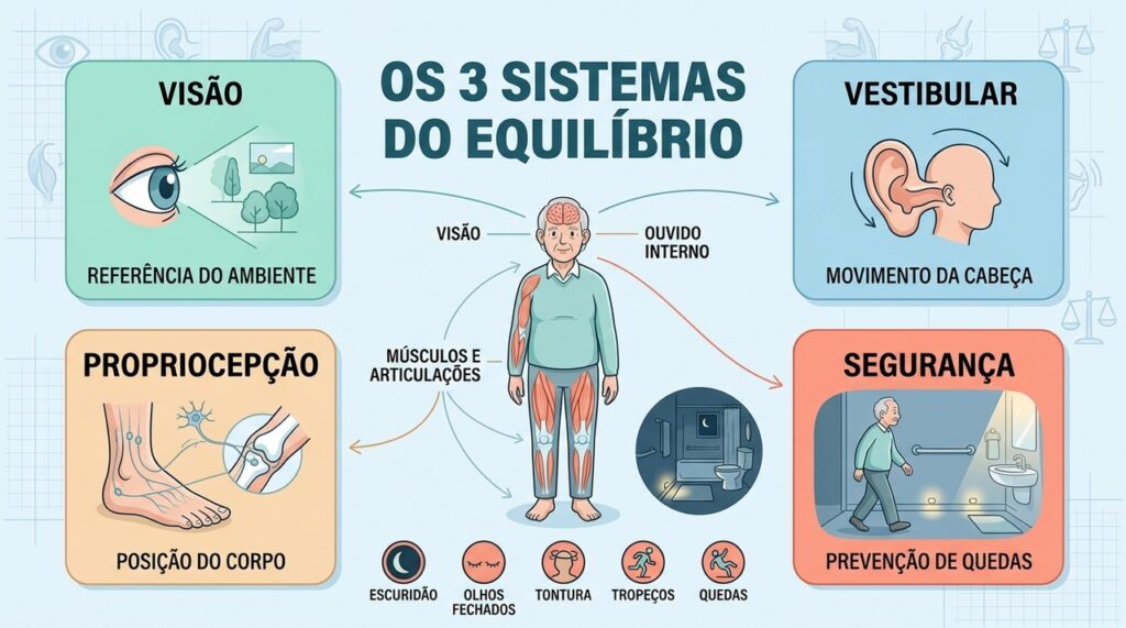 Visão, sistema vestibular e propriocepção formam a base do equilíbrio corporal.