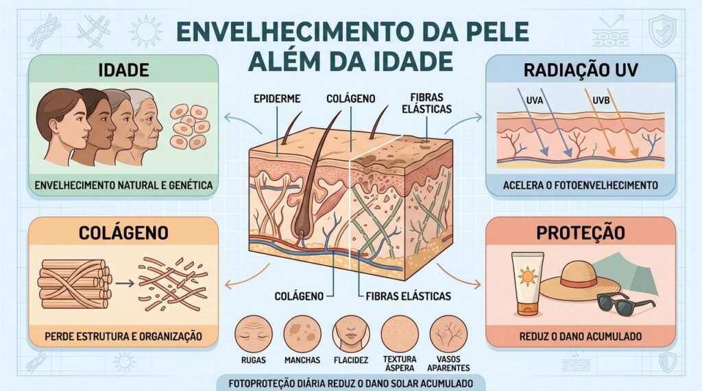Idade, radiação UV, colágeno e fotoproteção determinam diferentes aspectos do envelhecimento cutâneo.