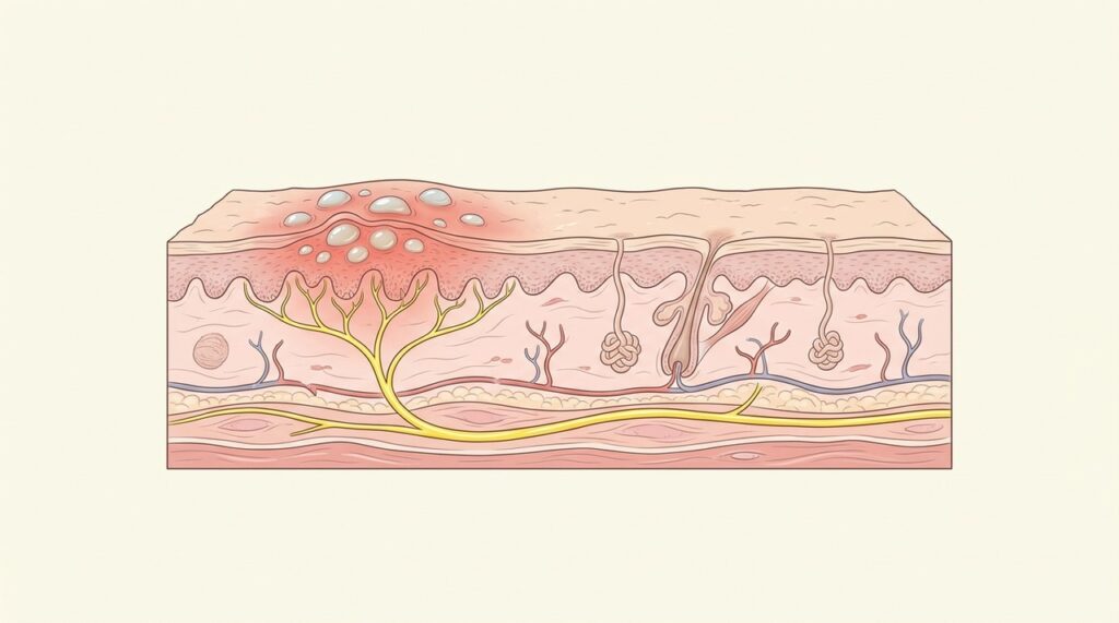 O herpes-zóster costuma causar lesões em faixa acompanhando o trajeto de um nervo.