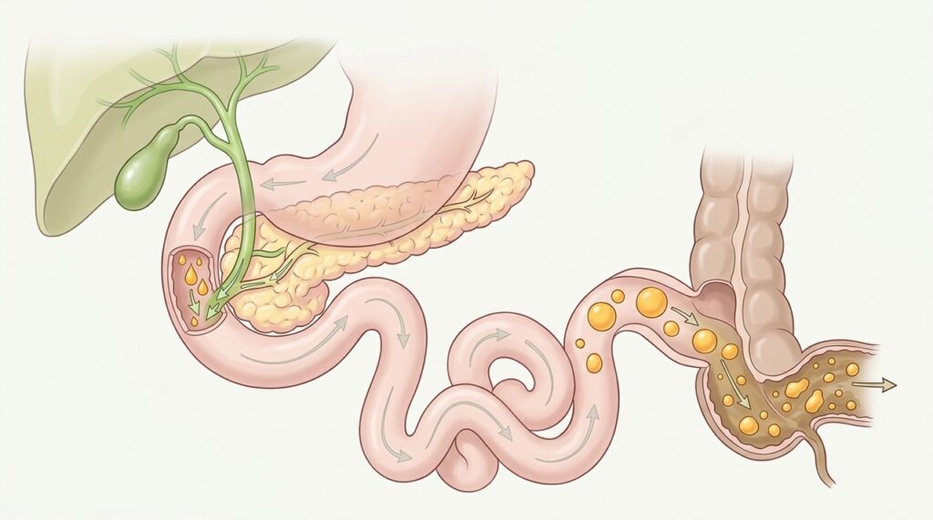 Pâncreas, bile e intestino delgado atuam juntos na digestão e absorção das gorduras.