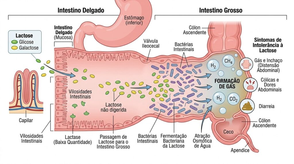 Na intolerância à lactose, a baixa produção de lactase dificulta a digestão da lactose e pode favorecer gases e distensão abdominal.