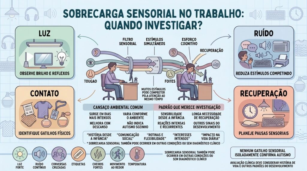 Luz, ruído, contato e recuperação ajudam a mapear a sobrecarga sensorial.