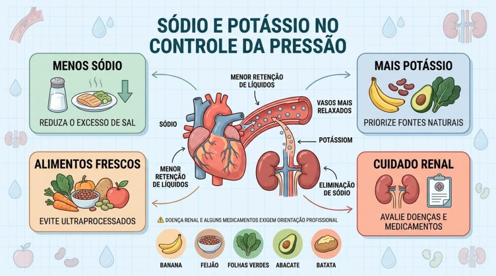 Reduzir sódio, aumentar potássio e priorizar frescos ajuda no controle pressórico.