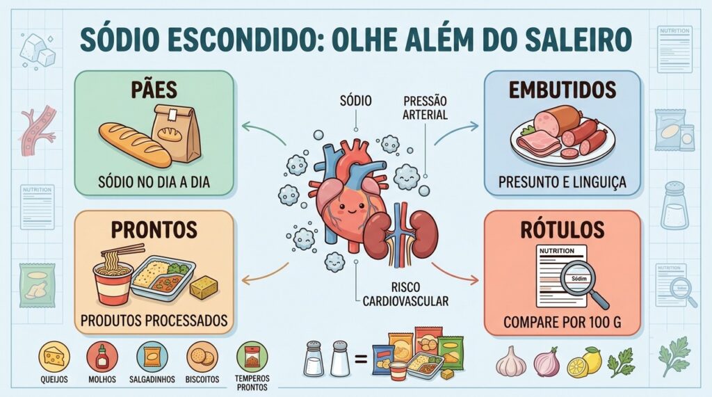 Pães, embutidos, alimentos prontos e rótulos revelam onde o sódio pode estar escondido.