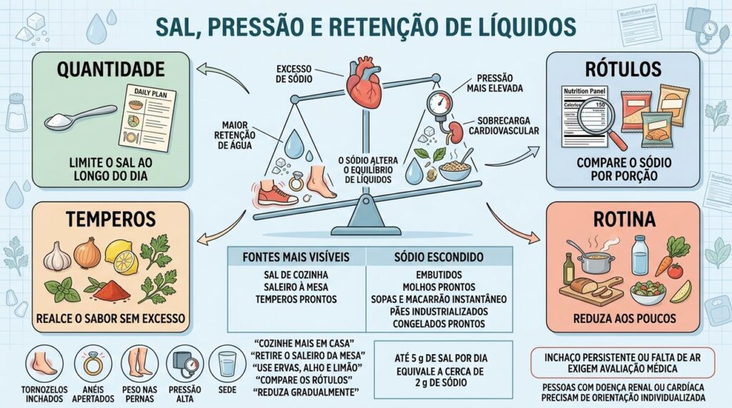 Quantidade, rótulos, temperos e rotina ajudam a controlar sódio e inchaço.