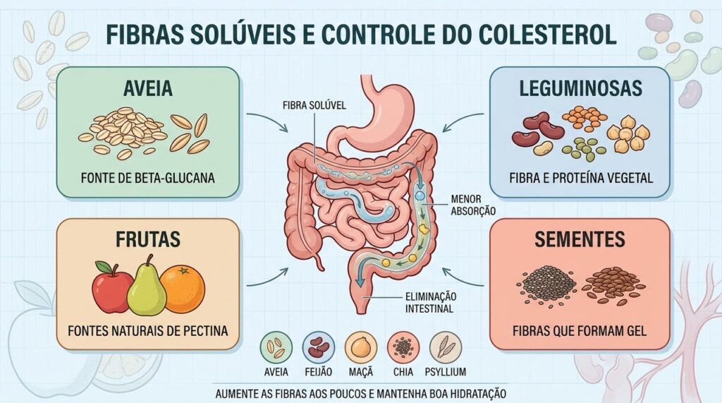 Aveia, leguminosas, frutas e sementes ajudam a reduzir a absorção de colesterol.