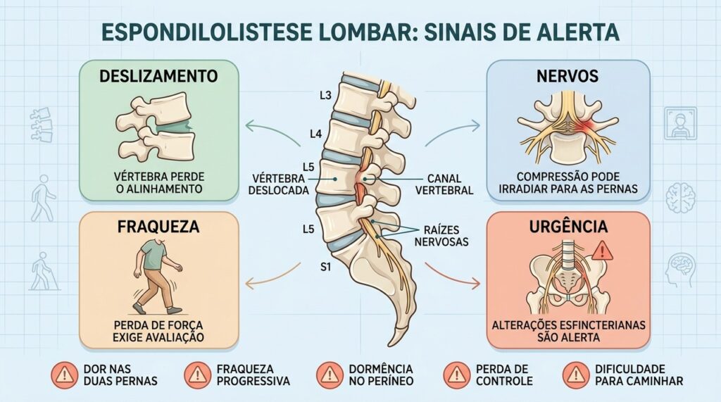 Deslizamento vertebral, compressão nervosa, fraqueza e alterações esfincterianas orientam a urgência.