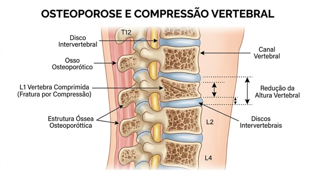 Fraturas por compressão das vértebras podem contribuir para perda de altura e curvatura da coluna.