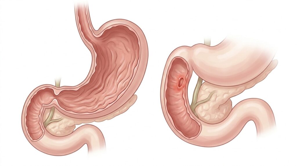 A úlcera é uma lesão que pode se formar na mucosa do estômago ou do duodeno.