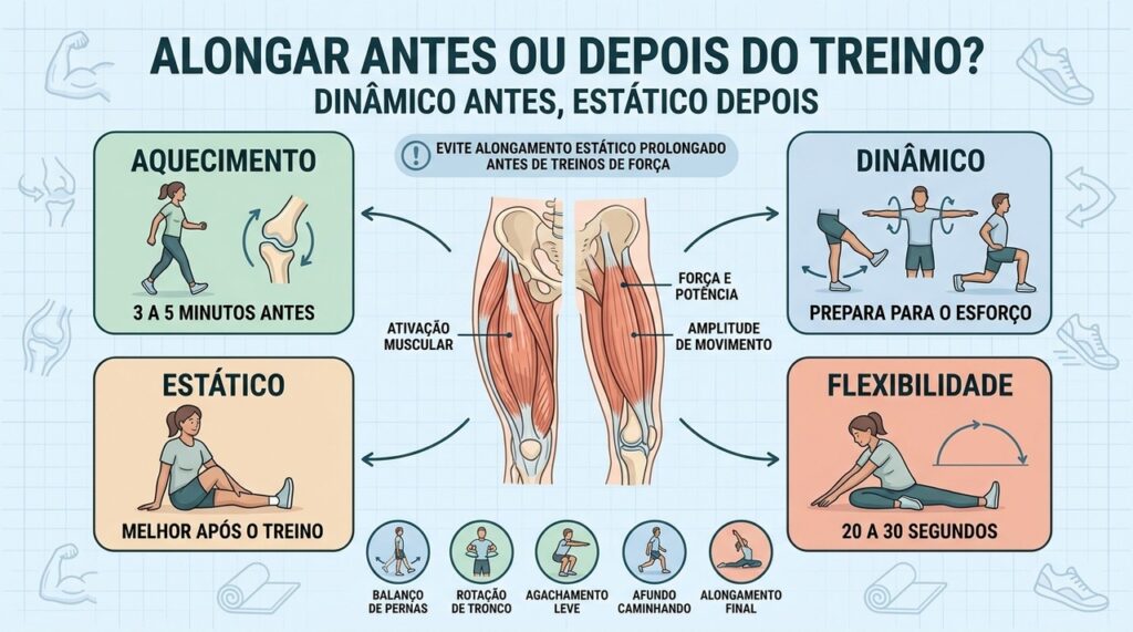 Aquecimento, alongamento dinâmico e estático cumprem funções diferentes ao redor do treino.