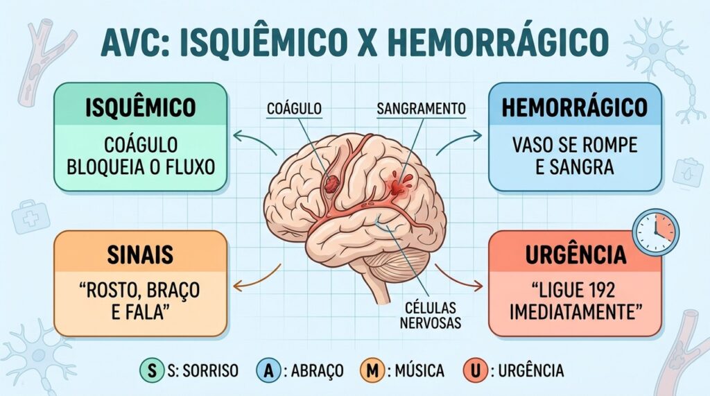 Sinais, mecanismos e urgência ajudam a diferenciar os dois principais tipos de AVC.