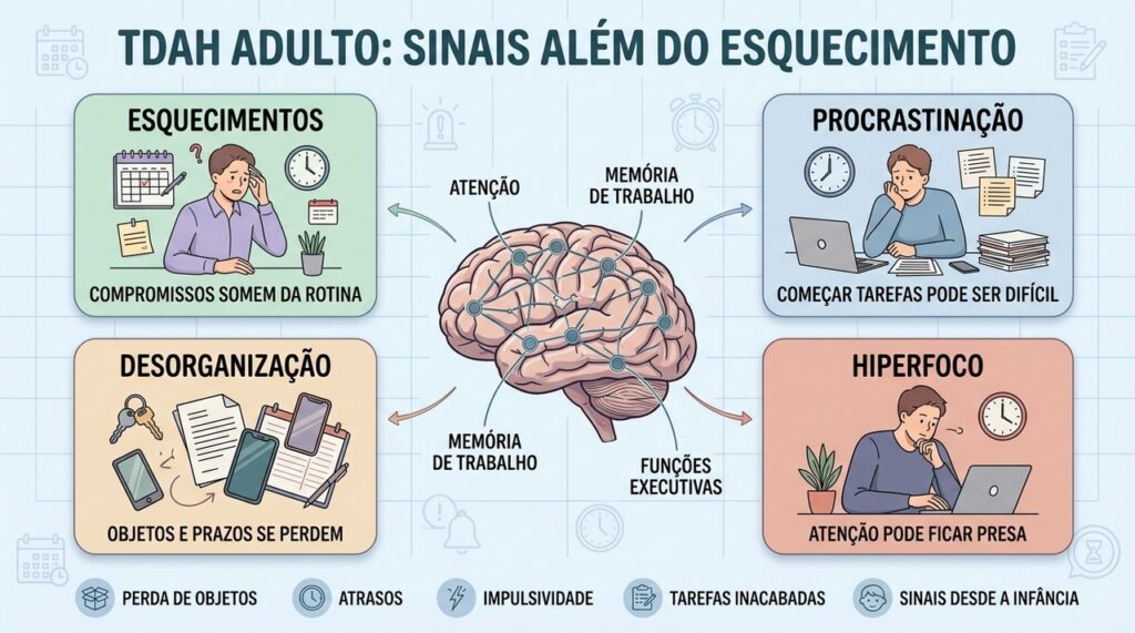 Esquecimentos, procrastinação, desorganização e hiperfoco ajudam a reconhecer sinais de TDAH.