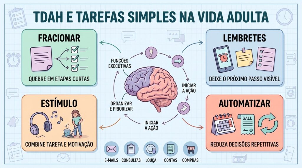 Fracionar, lembrar, estimular e automatizar reduz barreiras para iniciar tarefas no TDAH.