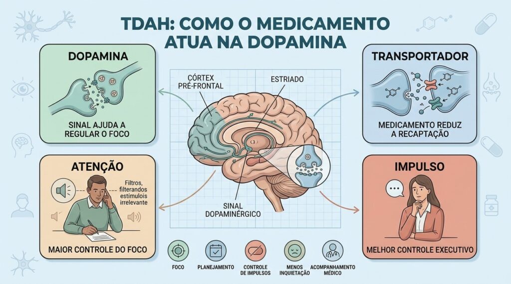 Dopamina, atenção e controle executivo ajudam a explicar o efeito dos medicamentos no TDAH.