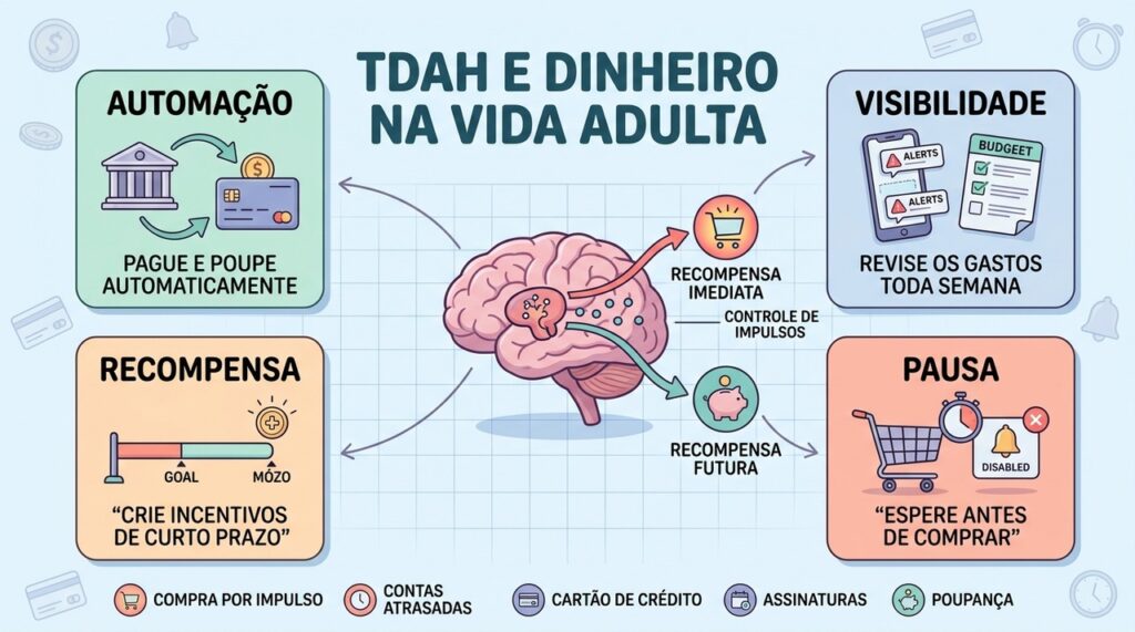 Automação, visibilidade, recompensas curtas e pausas ajudam no controle financeiro com TDAH.