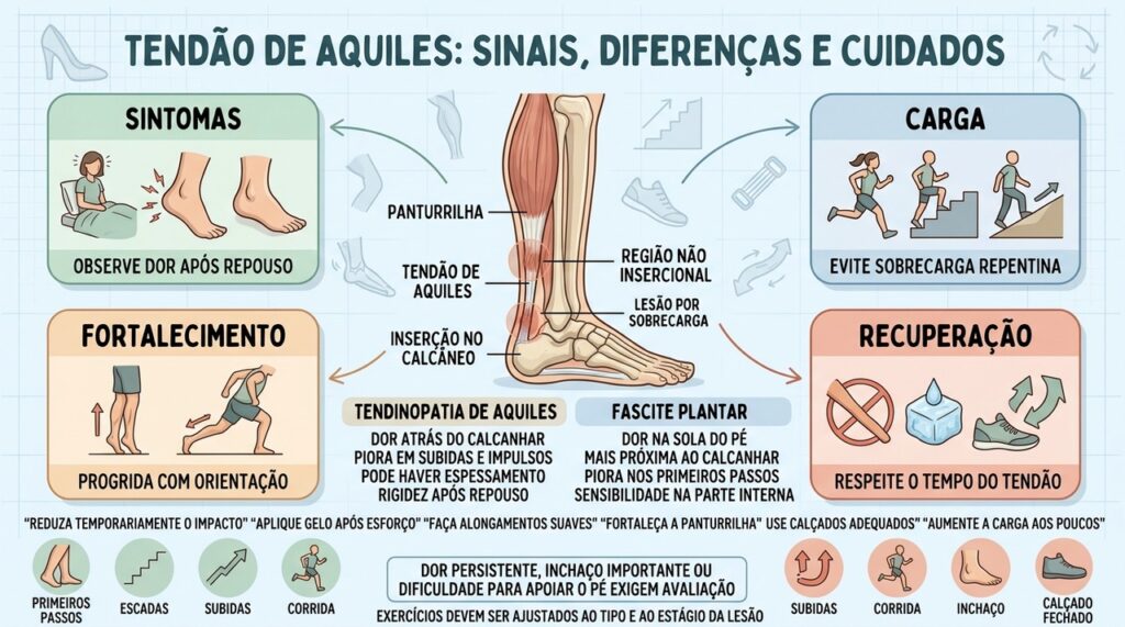 Sintomas, carga, fortalecimento e recuperação orientam o cuidado do tendão de Aquiles.
