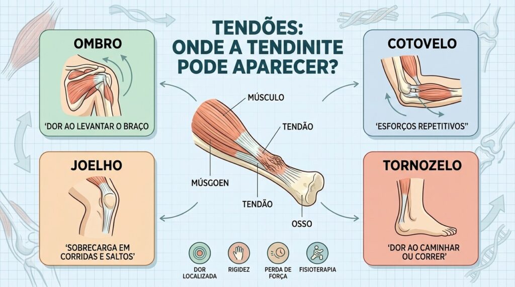 Ombro, cotovelo, joelho e tornozelo estão entre os locais mais afetados pelos tendões.