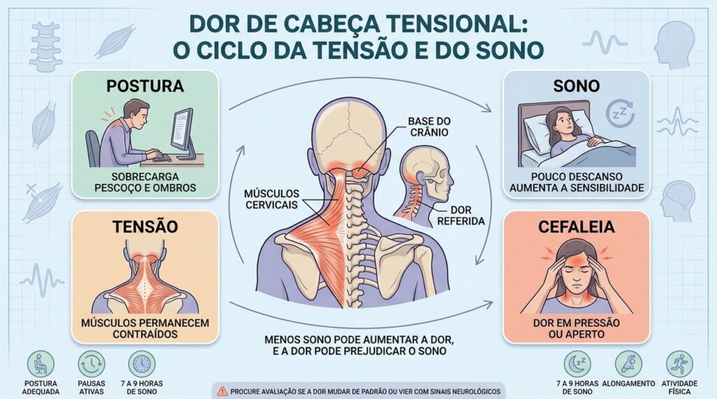 Tensão cervical prolongada pode irradiar dor da nuca para a cabeça.