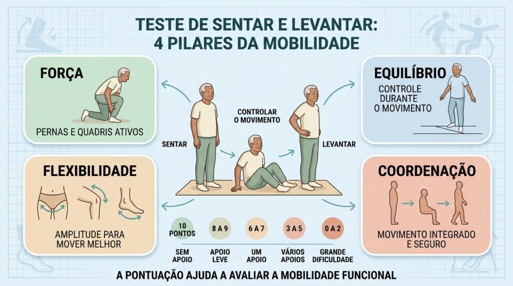 Força, equilíbrio, flexibilidade e coordenação determinam o desempenho no teste funcional.