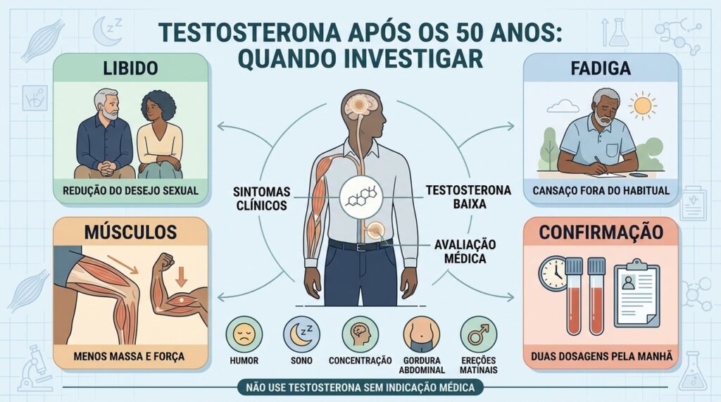 Libido, fadiga, força muscular e exames orientam a investigação da testosterona.